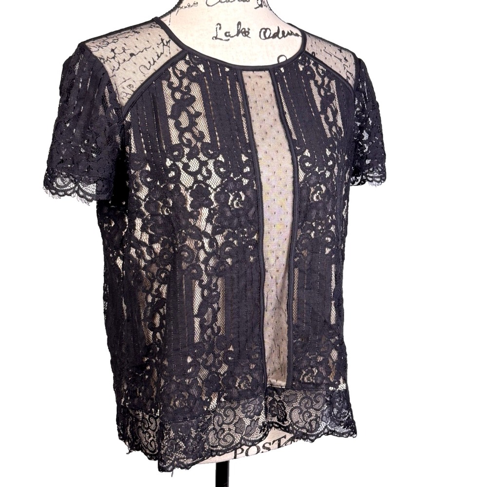 Express Black Lace Shirt Lined Short Sleeve Scalloped Hem And Sleeve Sz Lg